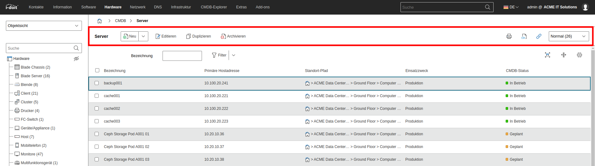 CSV-Export in der Aktionsleiste