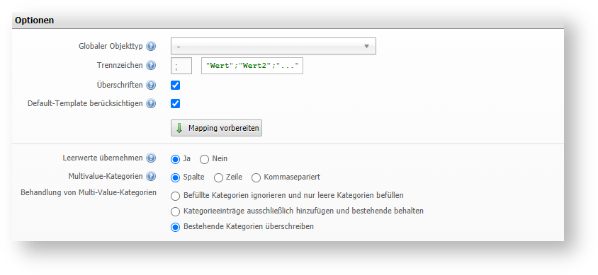 CSV Import optionen
