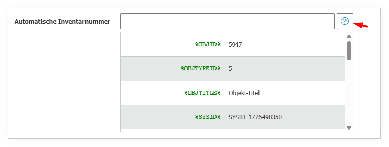 Automatische Inventarnummer — Platzhalter